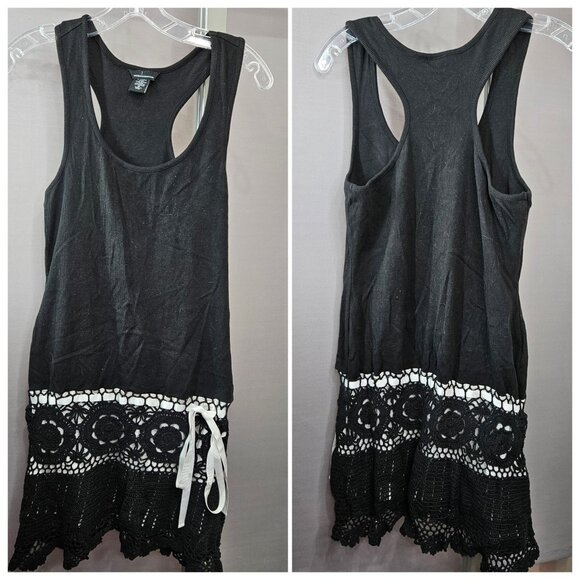 Moda Midi Tank Dress M Black White Cotton Spandex Racerback Crochet Ribbon Hem - Picture 1 of 10